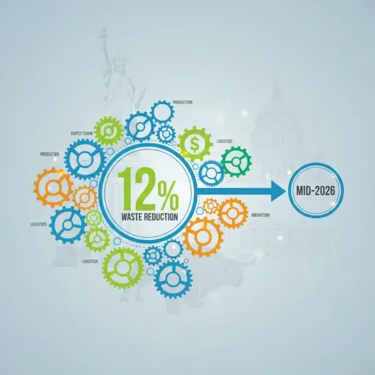Infographic showing gears, waste reduction percentage, and timeline for operational efficiency