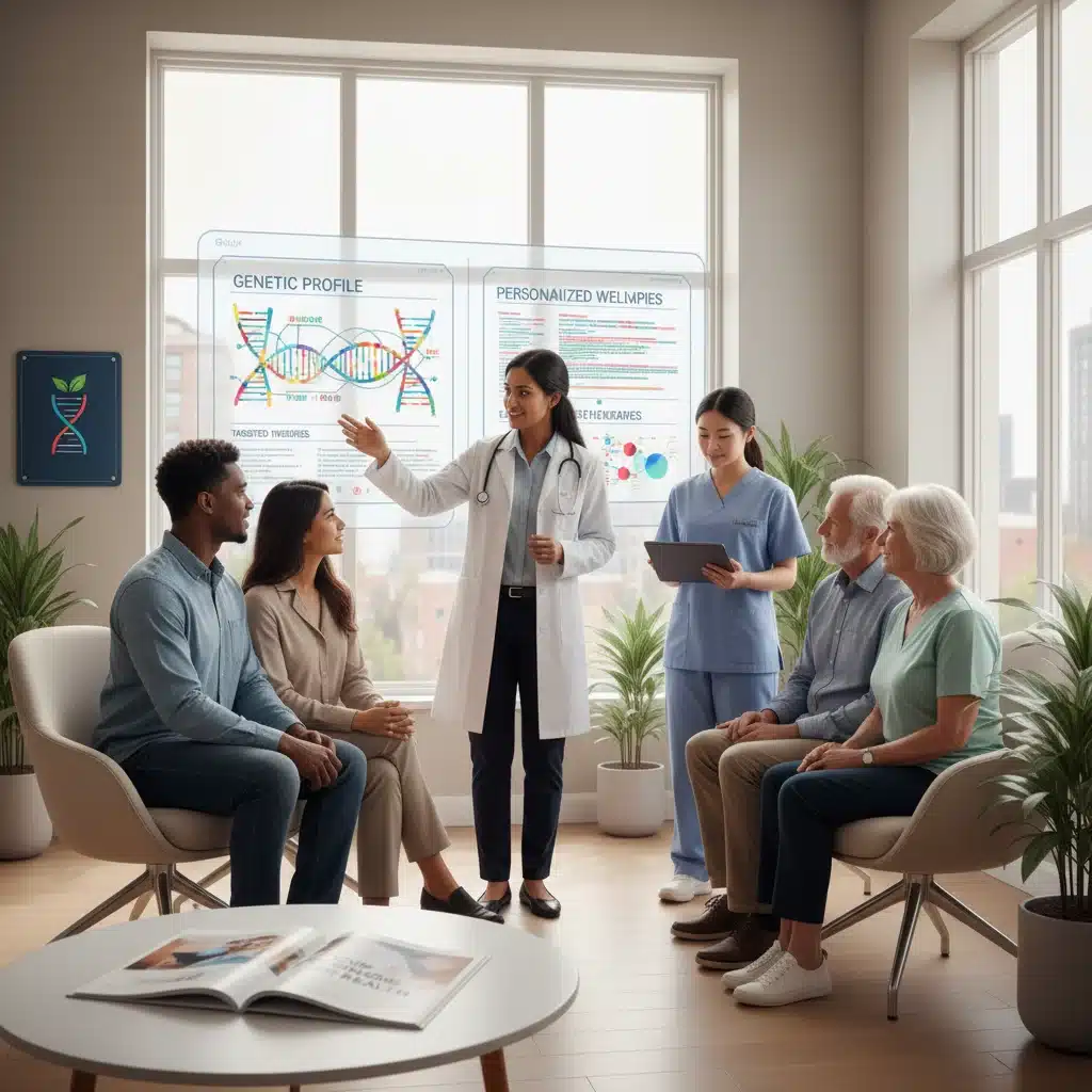 Patients and doctors discussing personalized genetic treatment plans in a clinic.