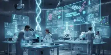 Scientists analyzing genetic data for personalized medicine in a high-tech lab.