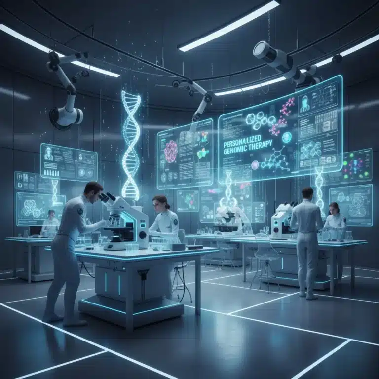 Scientists analyzing genetic data for personalized medicine in a high-tech lab.