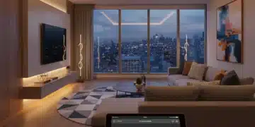 Smart LED lighting transforming a modern living room into a cozy, energy-efficient space at dusk.