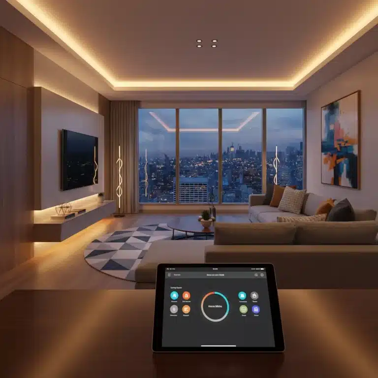 Smart LED lighting transforming a modern living room into a cozy, energy-efficient space at dusk.