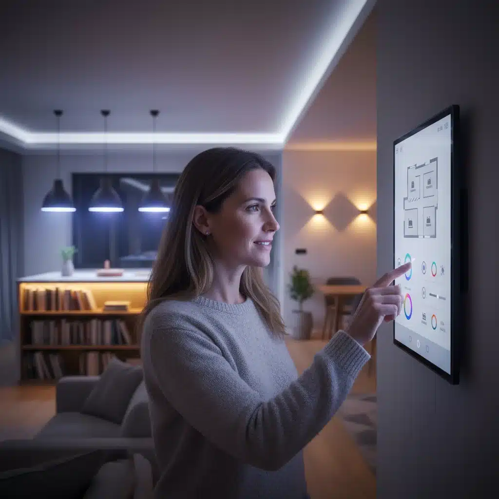 Interactive smart lighting control panel showing customizable light settings for different home zones.