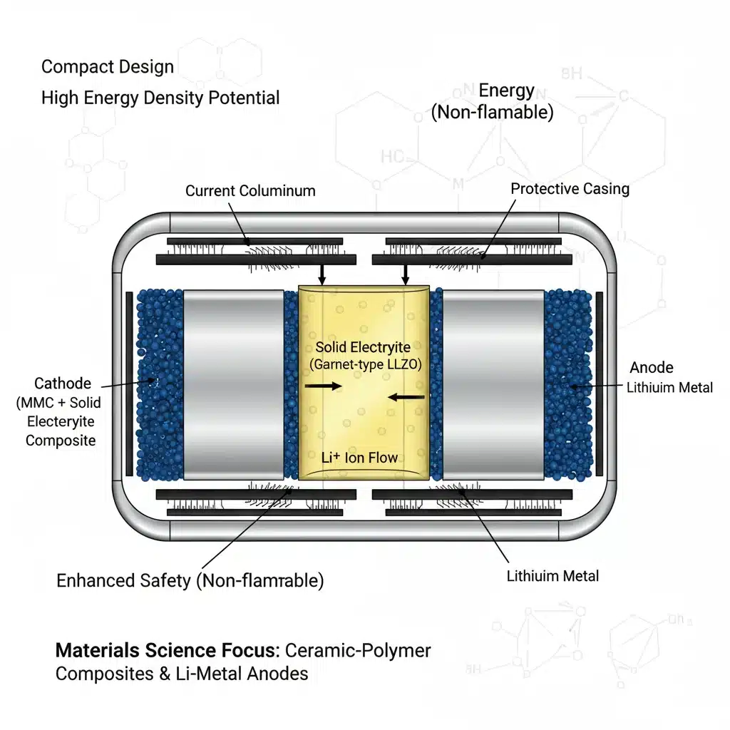 Internal structure of a solid-state battery showcasing its advanced components