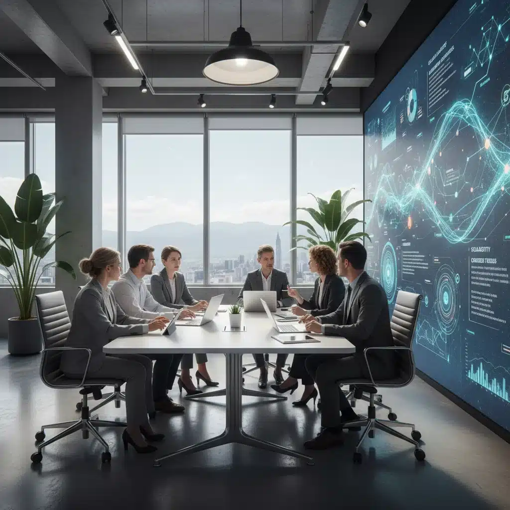 Business professionals strategizing new market conditions and technological adaptation