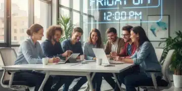 Happy employees in a modern office, symbolizing a successful four-day workweek.