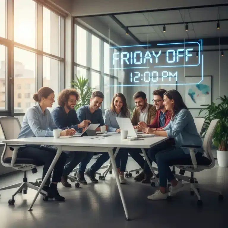 Happy employees in a modern office, symbolizing a successful four-day workweek.
