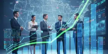 Dynamic US market trends analysis with upward graphs and diverse business professionals