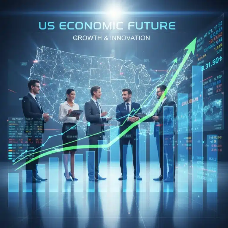 Dynamic US market trends analysis with upward graphs and diverse business professionals