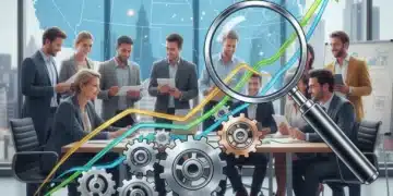 Illustration of business growth with lean methodologies, showing gears, a magnifying glass, and collaborating US SMB owners.