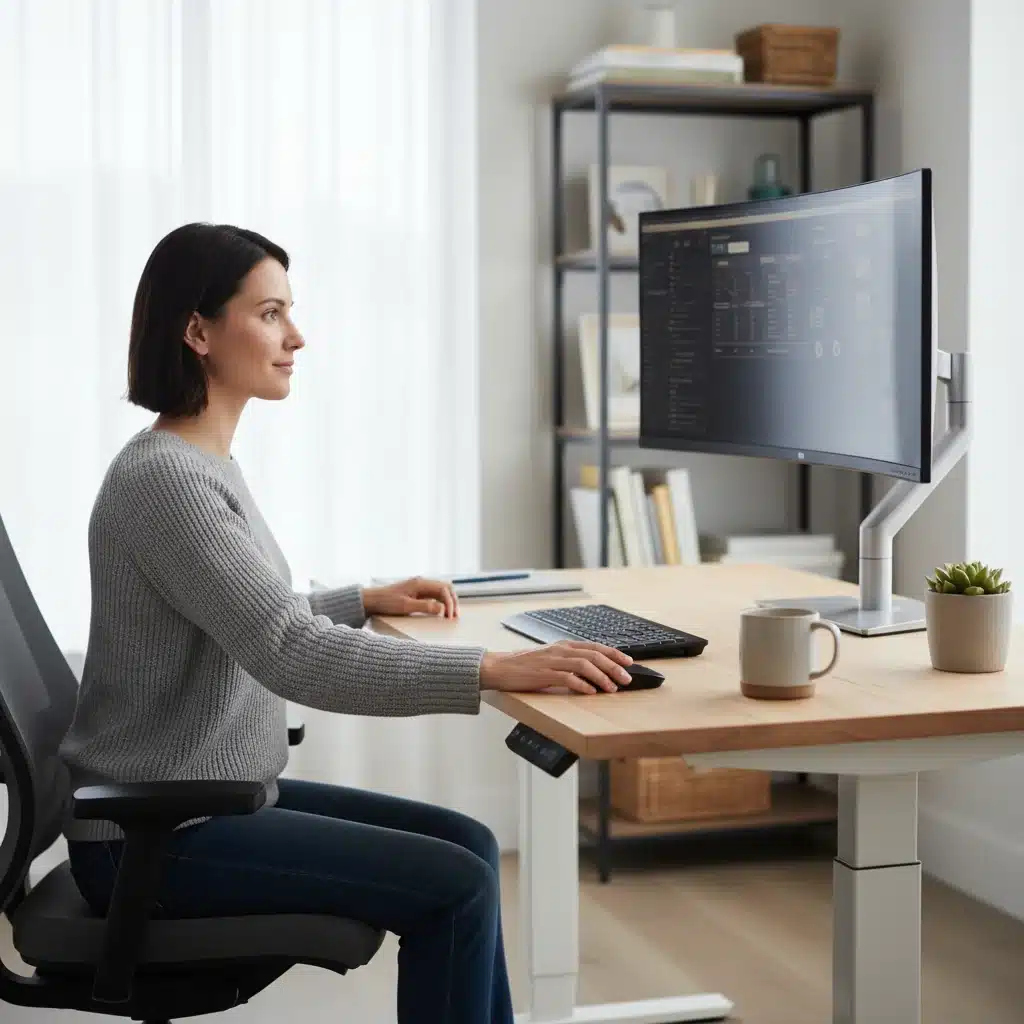 Person adjusting a height-adjustable standing desk in a home office for varied postures.