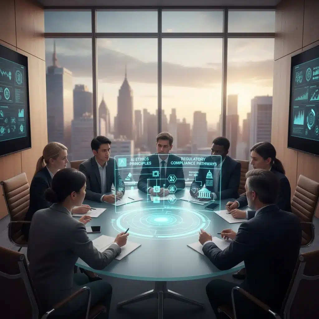 Diverse professionals discussing AI ethics and regulatory frameworks in a modern conference room.