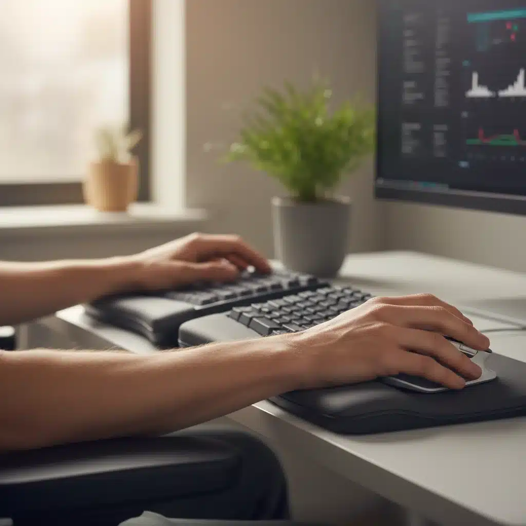 Hands typing on an ergonomic keyboard and mouse, showcasing proper wrist alignment.