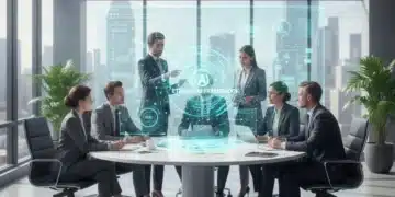 Professionals collaborating on ethical AI guidelines in a modern US office