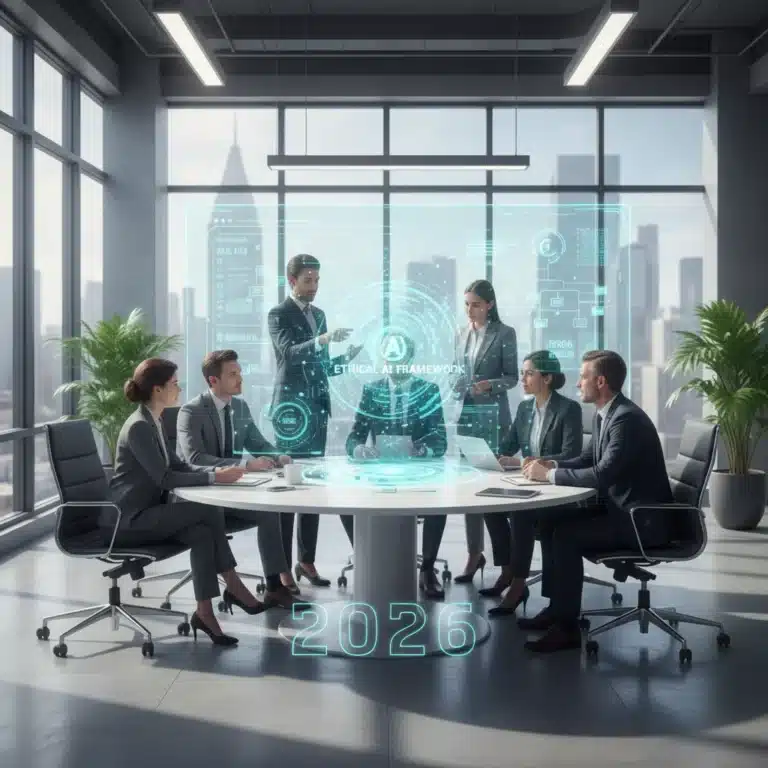 Professionals collaborating on ethical AI guidelines in a modern US office