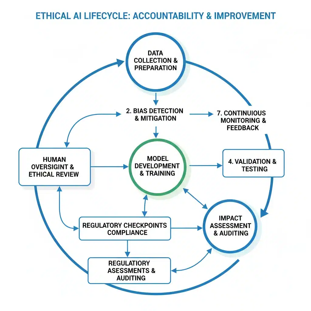 Flowchart depicting ethical AI development and deployment lifecycle