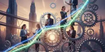 Illustration of exponential business growth with interconnected gears and collaborative team.