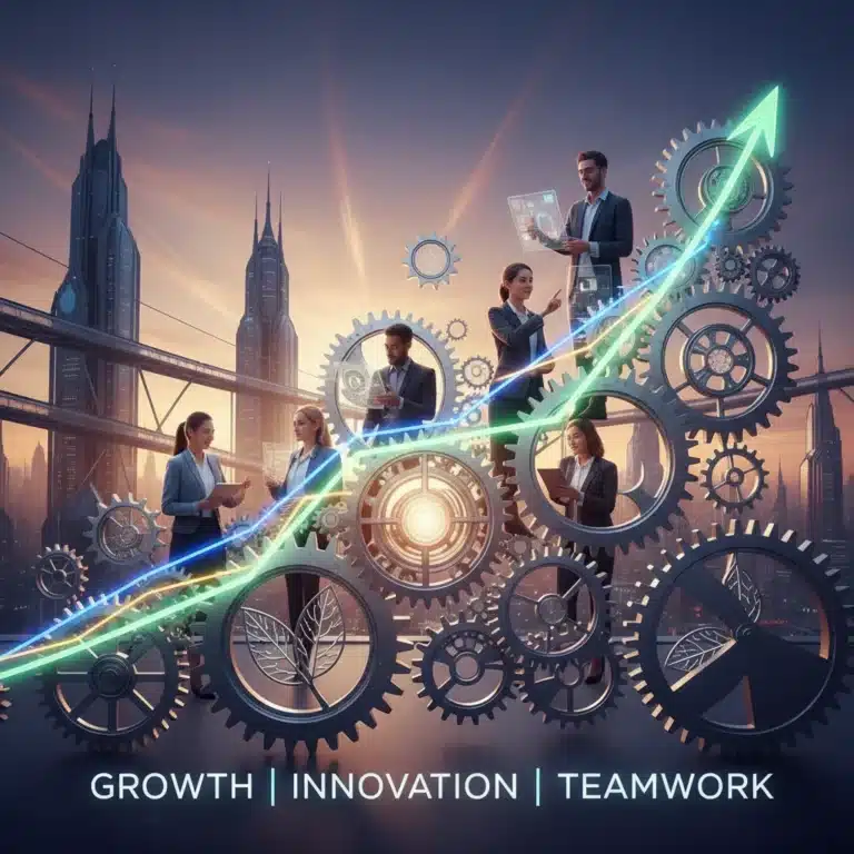 Illustration of exponential business growth with interconnected gears and collaborative team.