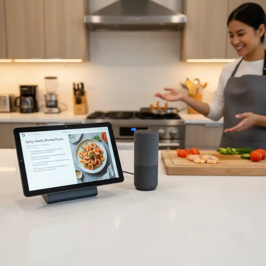 Google Nest Hub Max showing a recipe in a smart kitchen with a Google Home speaker.