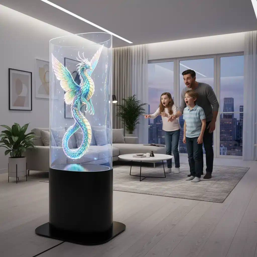 Family marveling at a realistic 3D holographic display in their modern living room.