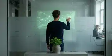 A person stands before a frosted glass wall with a glowing green data visualization, symbolizing a holistic approach to business growth and sustainability. A green plant sits on a concrete ledge.