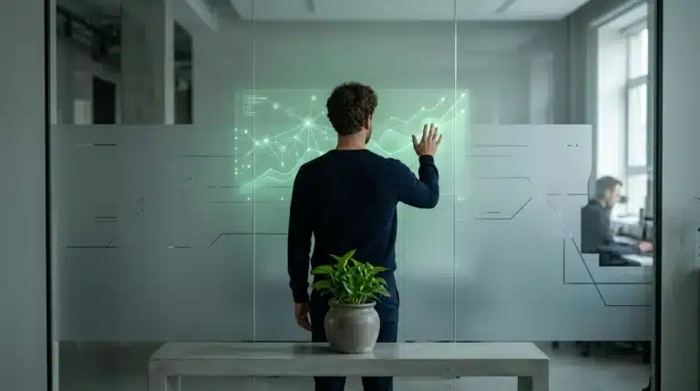 A person stands before a frosted glass wall with a glowing green data visualization, symbolizing a holistic approach to business growth and sustainability. A green plant sits on a concrete ledge.