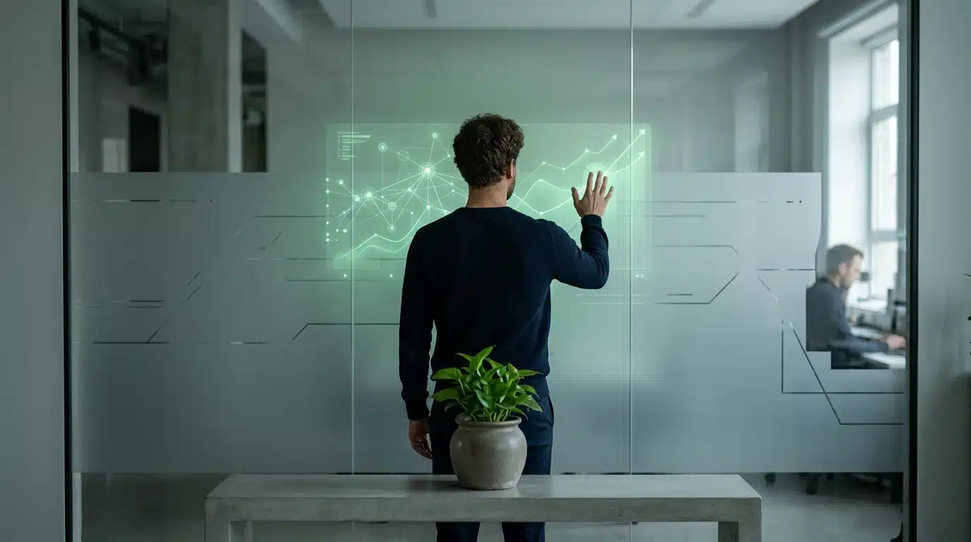A person stands before a frosted glass wall with a glowing green data visualization, symbolizing a holistic approach to business growth and sustainability. A green plant sits on a concrete ledge.
