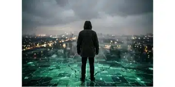 A person navigating a fractured, glowing urban landscape at dusk, symbolizing the unpredictable modern business environment and the need for agile strategies.