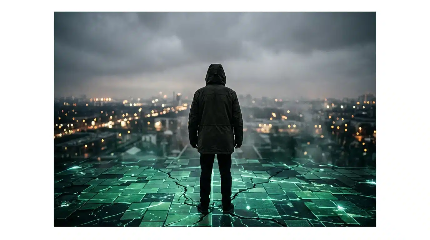 A person navigating a fractured, glowing urban landscape at dusk, symbolizing the unpredictable modern business environment and the need for agile strategies.
