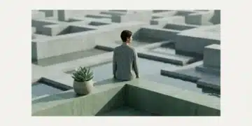 A person stands on a green geometric platform, looking over a stylized landscape of interlocking blocks and water, representing the dynamic nature of modern living and personal growth.