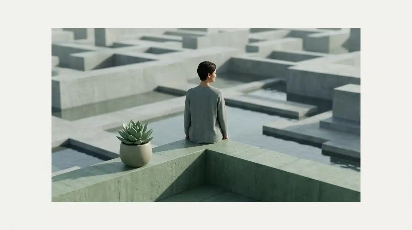 A person stands on a green geometric platform, looking over a stylized landscape of interlocking blocks and water, representing the dynamic nature of modern living and personal growth.