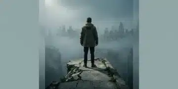 A person stands at the edge of a broken concrete path overlooking a misty chasm, symbolizing short-sighted business strategies and neglected long-term vision.
