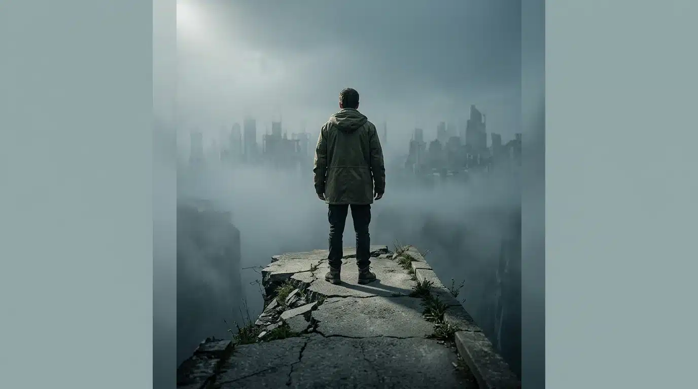 A person stands at the edge of a broken concrete path overlooking a misty chasm, symbolizing short-sighted business strategies and neglected long-term vision.