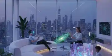 Family experiencing immersive home entertainment technologies in a modern living room.