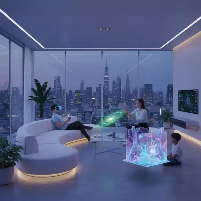 Family experiencing immersive home entertainment technologies in a modern living room.