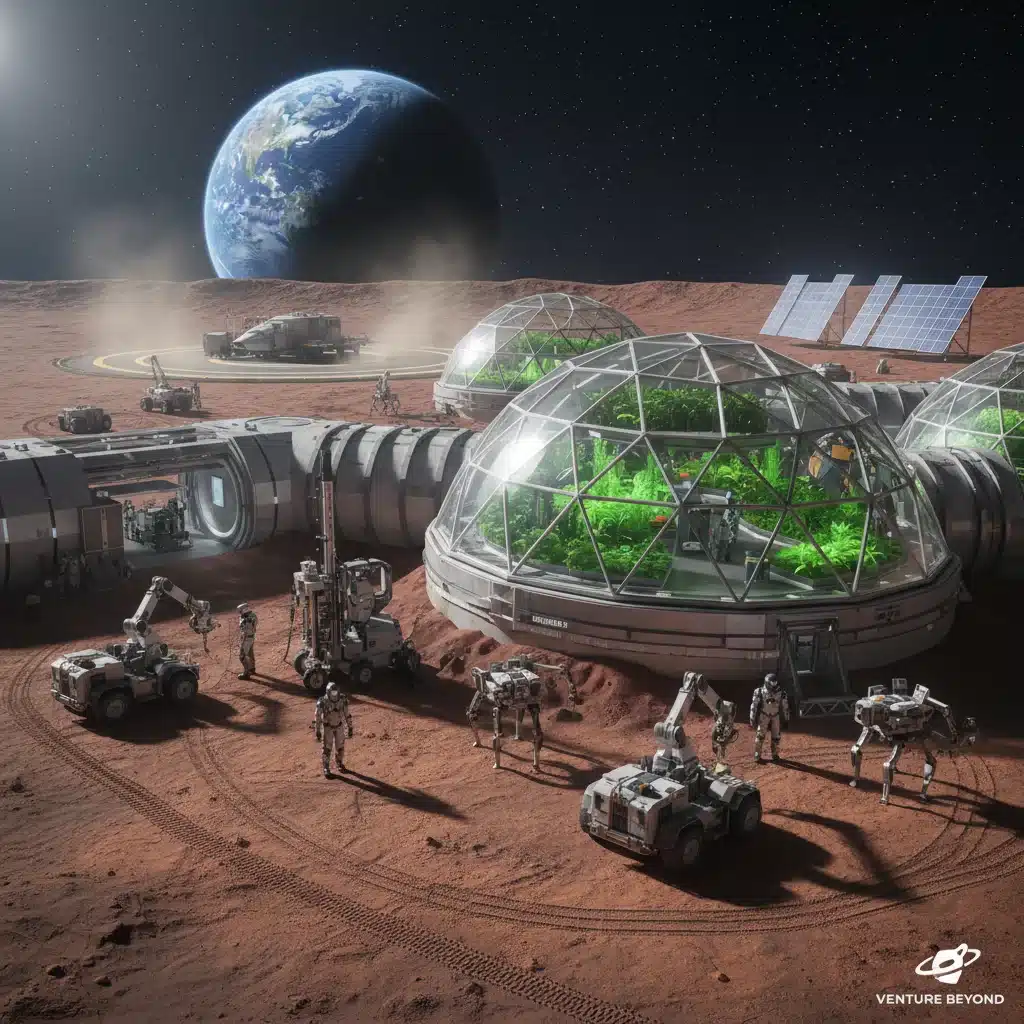 Conceptual rendering of a lunar base with robotics and human explorers for deep space commercialization.