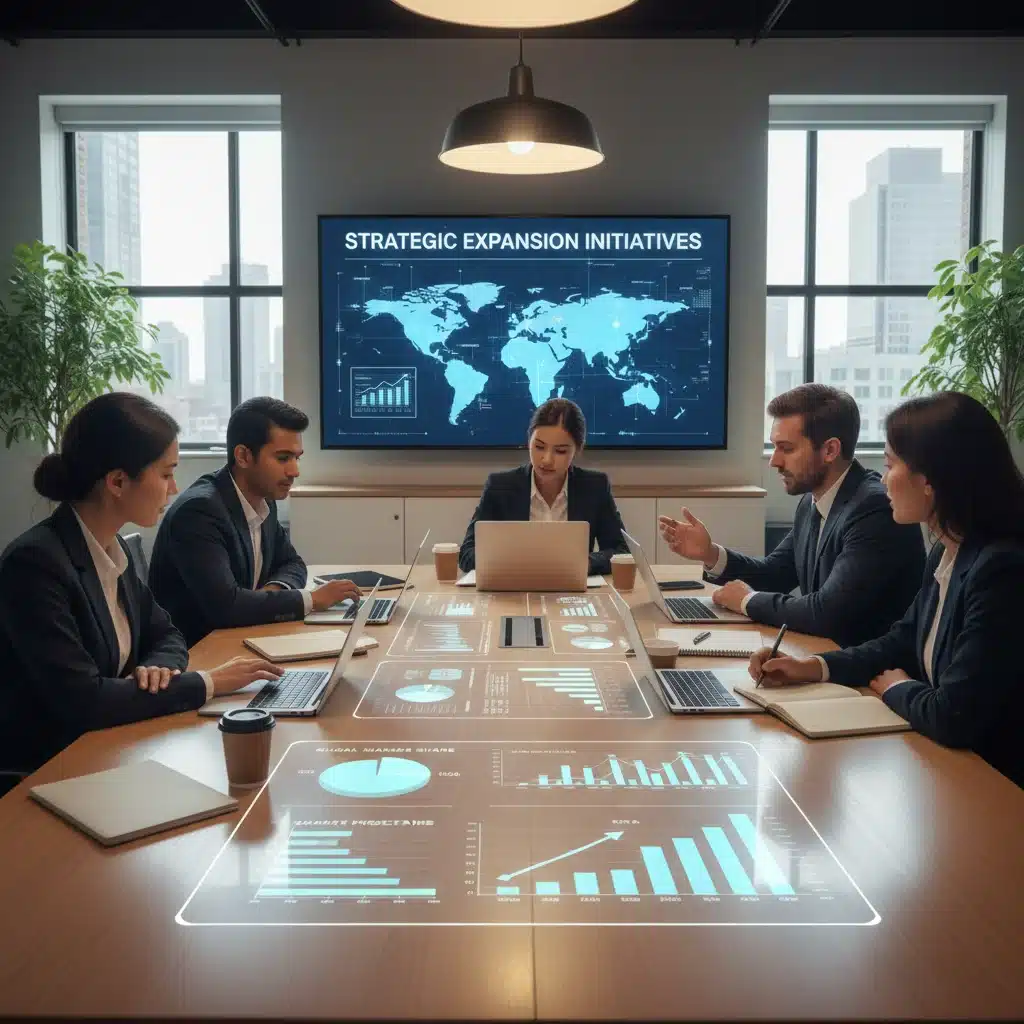 Business team analyzing market data and strategizing for increased market share.