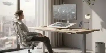 Modern ergonomic home office setup with standing desk and comfortable chair for remote work productivity.
