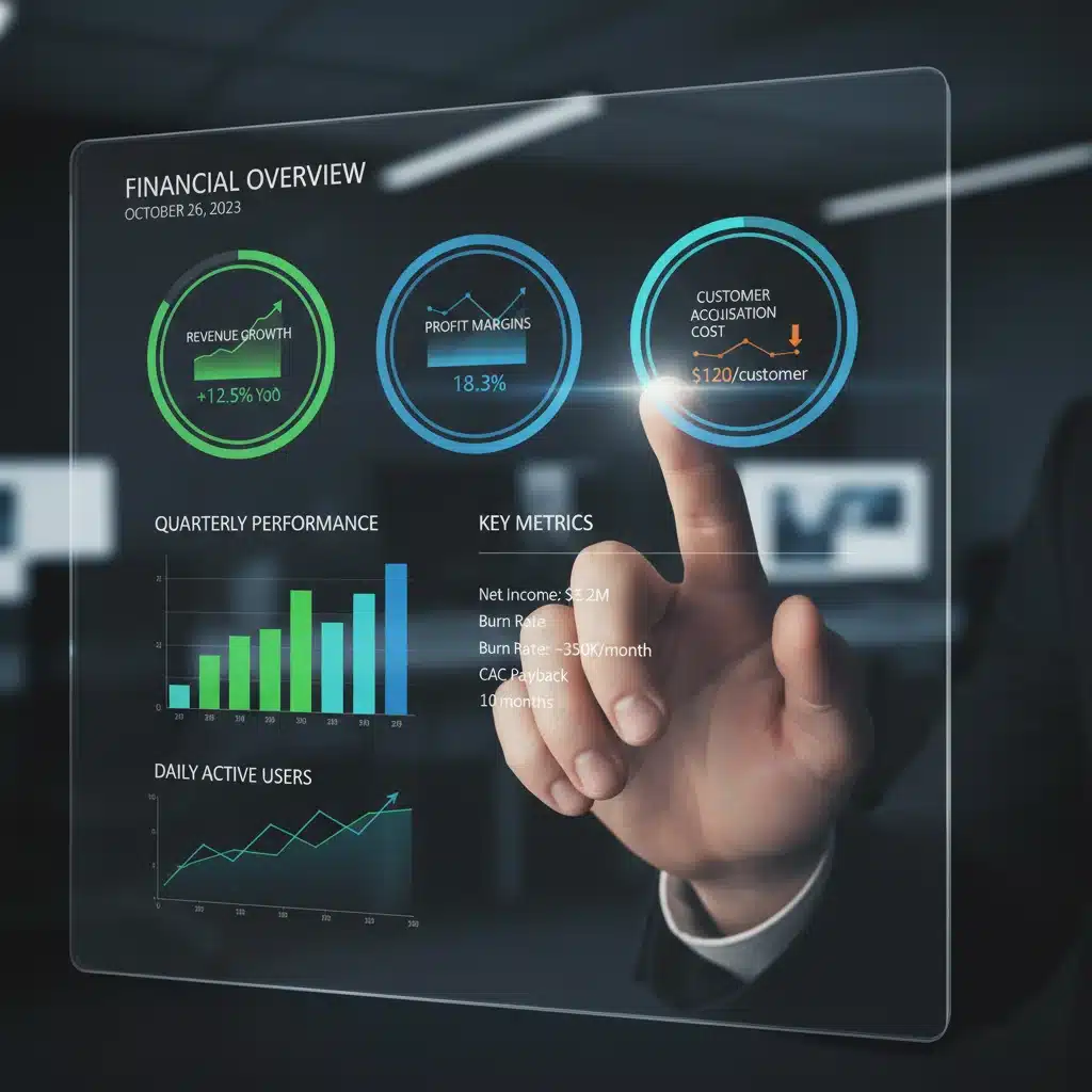Digital dashboard showing real-time financial metrics and business performance data.