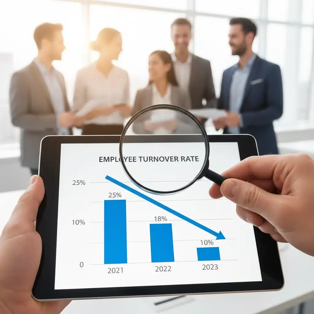 Graphic showing reduced employee turnover rates and happy, retained employees
