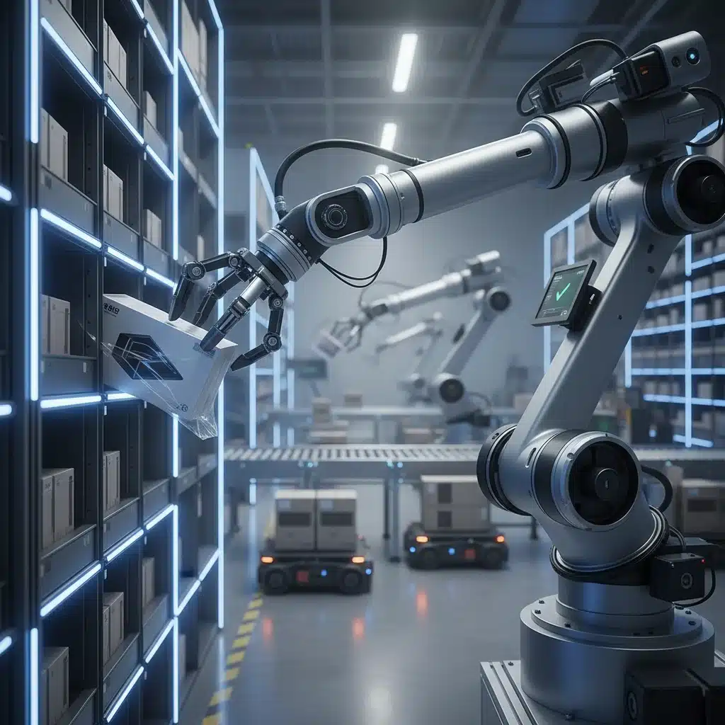 Robotic arm performing precise item picking in an automated fulfillment center