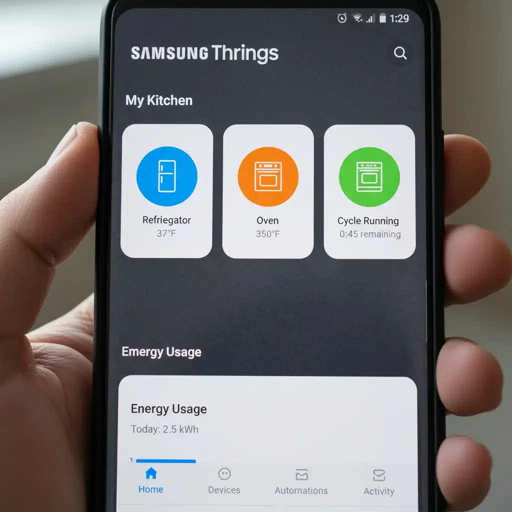 Samsung SmartThings app interface on a smartphone, controlling various kitchen appliances.