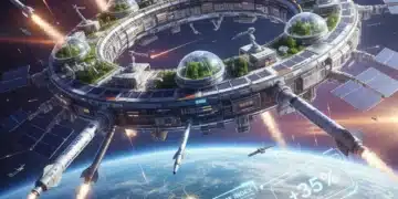 Futuristic space station orbiting Earth with commercial rockets, symbolizing space investment and innovation.