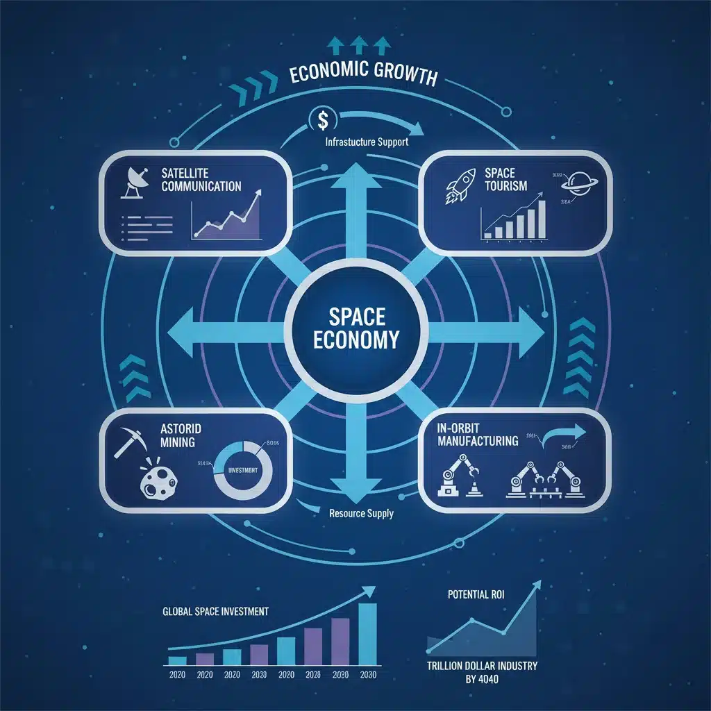 Infographic detailing diverse sectors of the growing space economy and investment potential.