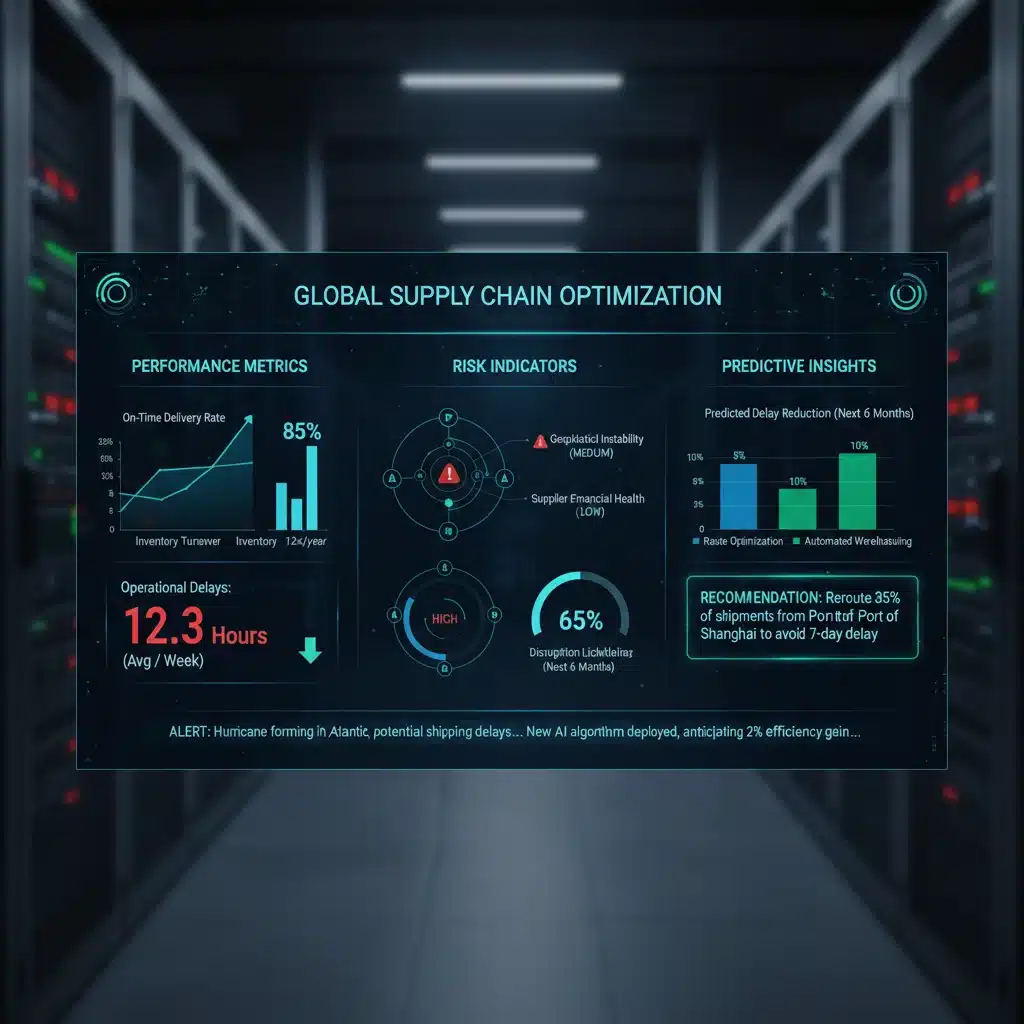 Supply chain data analytics dashboard showing real-time performance and risk