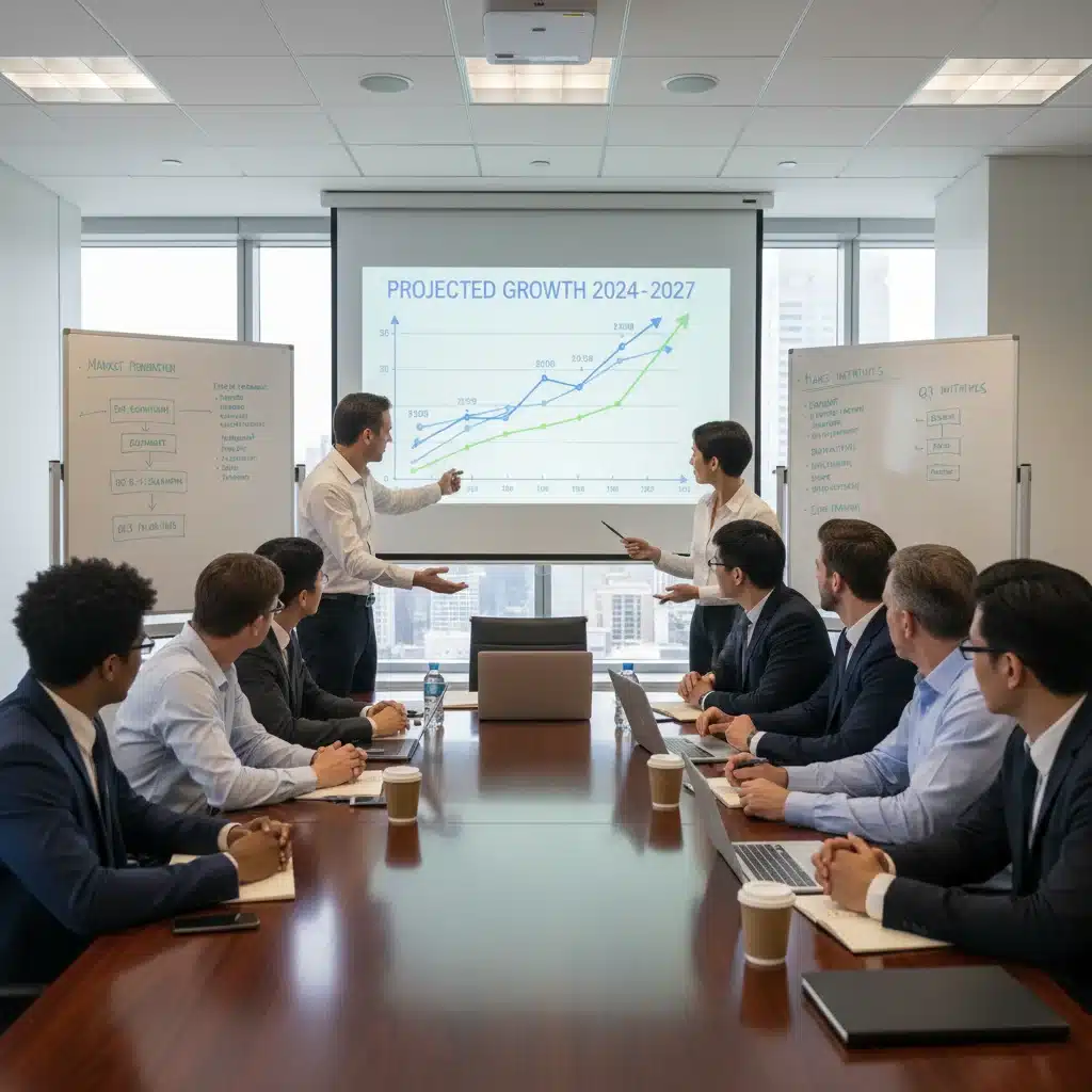 Business team collaborating on strategic growth, analyzing performance data and KPIs.