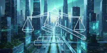 Futuristic cityscape with data flows and legal symbols, representing ethical AI framework development in the US.