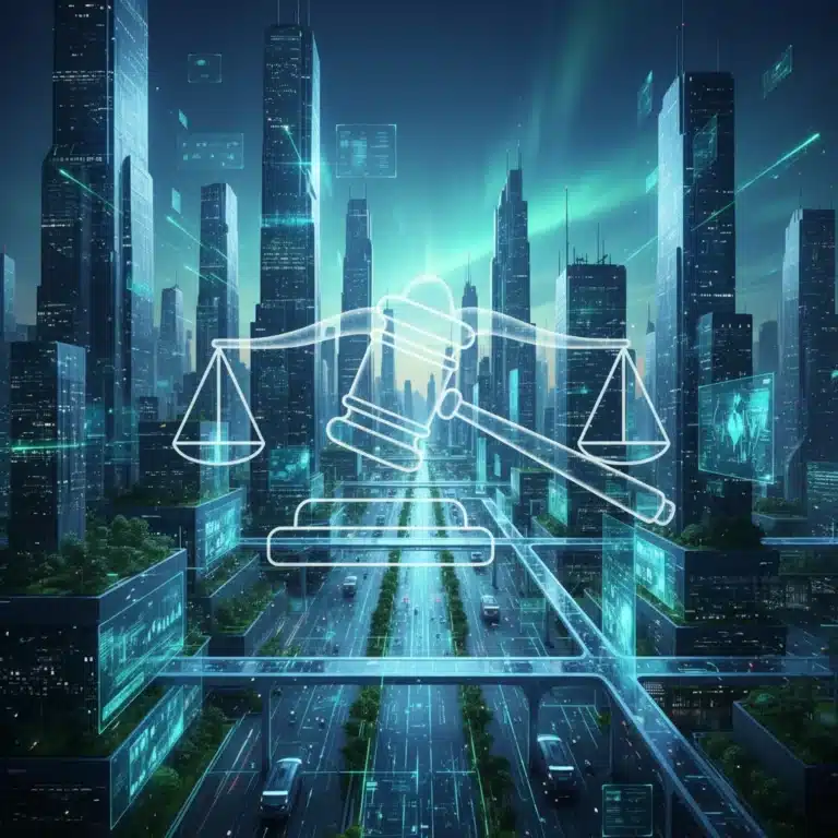 Futuristic cityscape with data flows and legal symbols, representing ethical AI framework development in the US.