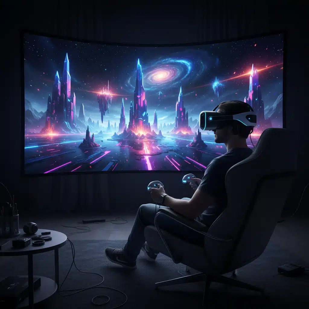 Person immersed in virtual reality gaming experience with advanced VR headset.