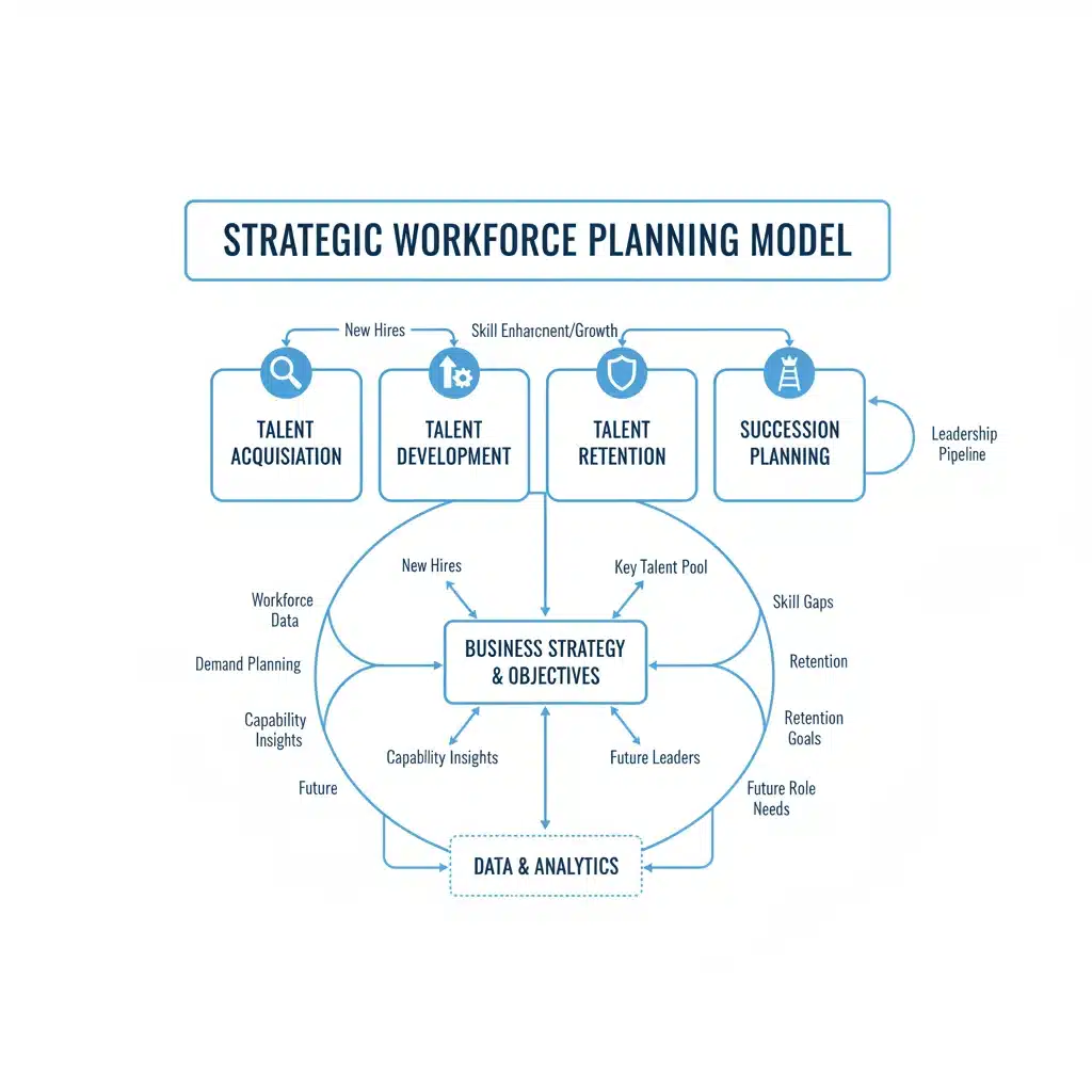 Flowchart depicting comprehensive strategic workforce planning model components